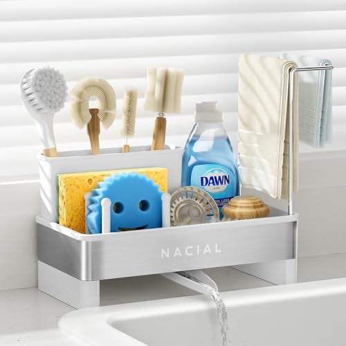 Nacial Sponge Holder for Kitchen Sink, Sink Caddy Organizer with High Brush Holder & Two Towel Racks - Rustproof 304 Stainless Steel Kitchen Countertop Storage Essentials - White - Image 1