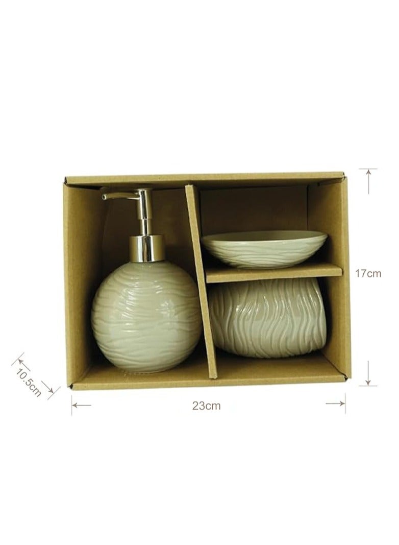 BABAZAM 3 Pieces Bathroom Accessories Set Toothbrush Cup Lotion Liquid Soap Dispenser & Tray Brown 17x23x10.5cm - Image 1