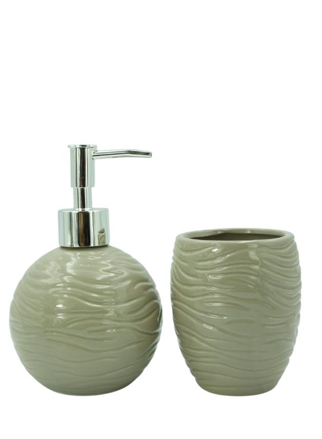 BABAZAM 3 Pieces Bathroom Accessories Set Toothbrush Cup Lotion Liquid Soap Dispenser & Tray Brown 17x23x10.5cm - Image 3