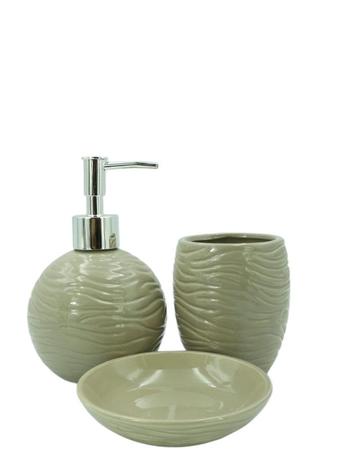 BABAZAM 3 Pieces Bathroom Accessories Set Toothbrush Cup Lotion Liquid Soap Dispenser & Tray Brown 17x23x10.5cm - Image 2