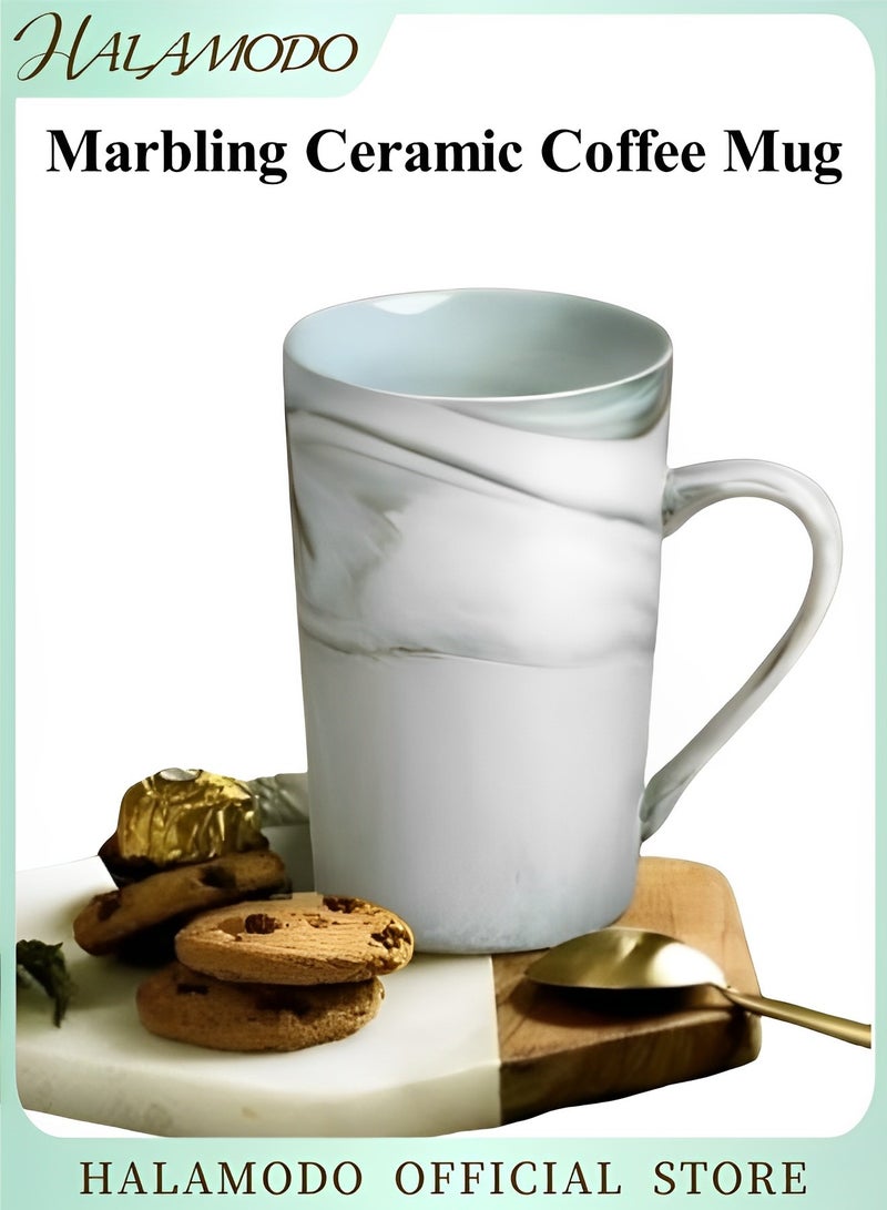 هالامودو كوب قهوة رخامي طويل القامة من السيراميك سعة 13 أونصة كوب شاي للمكتب والمنزل، أكواب قهوة رخامية كوب سيراميك رخامي جديد بمقبض، آمن للاستخدام في غسالة الأطباق والميكروويف - Image 1