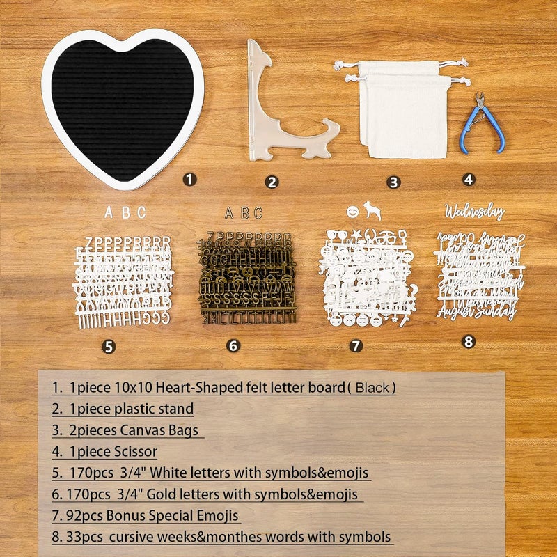 G GAMIT Heart-Shaped Felt Letter Board Message Sign,10x10 inches Message Board with 465 Changeable White&Golden Letters,Numbers,Cursive Words and Stand for Party,Pregnancy,Wall&Tabletop Decor (Black) - Image 4