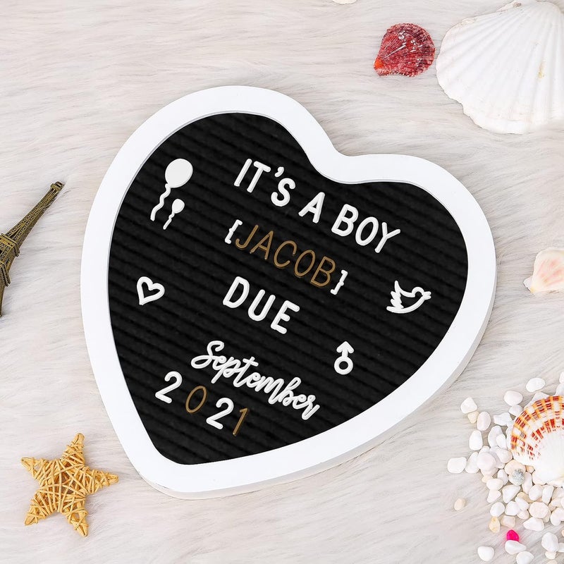 G GAMIT Heart-Shaped Felt Letter Board Message Sign,10x10 inches Message Board with 465 Changeable White&Golden Letters,Numbers,Cursive Words and Stand for Party,Pregnancy,Wall&Tabletop Decor (Black) - Image 2