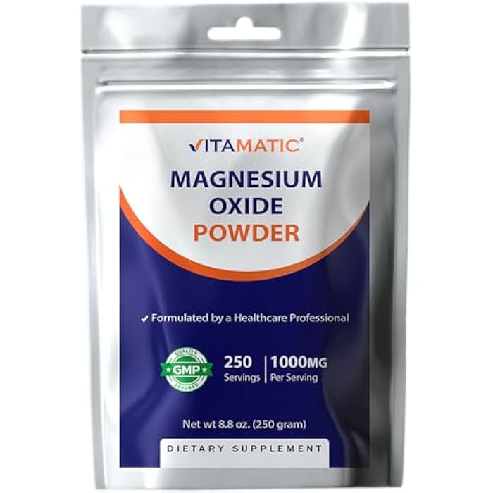 Vitamatic Magnesium Oxide Powder – 1000 mg Per Serving – 250 Servings – High Absorption Magnesium Supplement – 600 mg Elemental Magnesium – Unflavored - Image 1