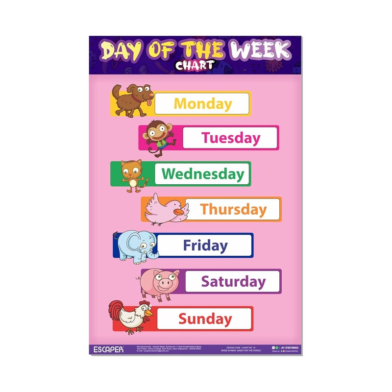 ESCAPER رسوم بيانية تعليمية لأيام الأسبوع للأطفال، رسوم بيانية لتعلم الأطفال (11.5 × 17.5 بوصة)، مواد دراسية للأطفال، كتب تعليمية للأطفال، ملصقات تعليمية - Image 1