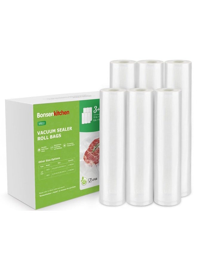 Bonsenkitchen Vacuum Sealer Rolls Bags, 6 Pack 3 Rolls 11" x 16' + 3 Rolls 8" x 16' Commercial Grade BPA Free Bag Rolls, Durable Customized Size Food Vac Bags for Storage and Sous Vide Cooking VB22 - Image 1