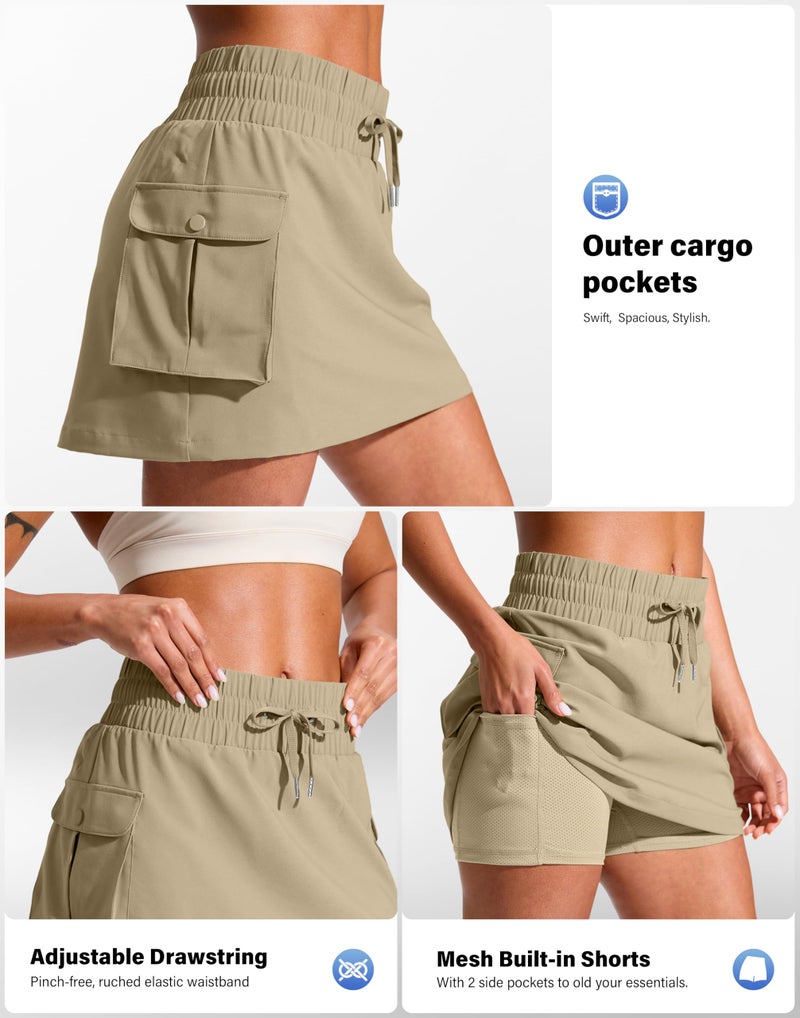SANTINY 14" Cargo Skorts for Women with 4 Pockets Drawstring High Waisted Golf Hiking Skirt for Casual Summer Travel (Khaki_M) - Image 5