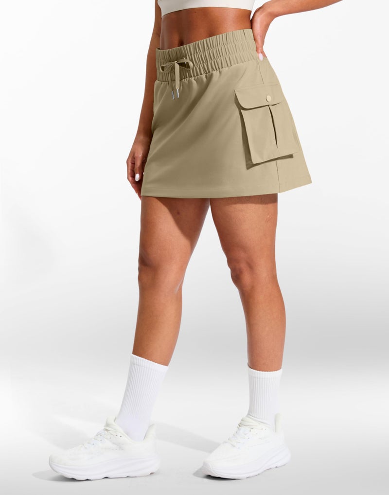 SANTINY 14" Cargo Skorts for Women with 4 Pockets Drawstring High Waisted Golf Hiking Skirt for Casual Summer Travel (Khaki_M) - Image 2