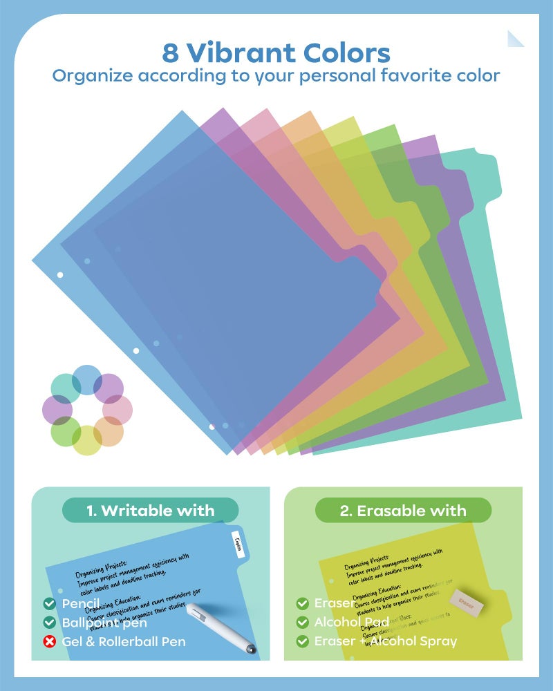 BiuLeon 16 PCS 8 Tab Binder Dividers for 3 Ring Binder,Thicken, Write & Erase Reusable Waterproof Plastic Binders for School & Office Files, 2 Set, Extra 40 Labels - Image 3