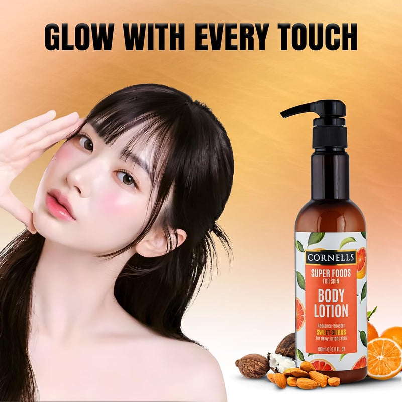 CORNELLS WELLNESS CORNELLS Super Foods Sweet Citrus Body Lotion for Dewy & Bright Skin For Men & Women | Radiance Boosting, Hydrating, and Brightening Formula with Citrus Extracts - 500ml - Image 4