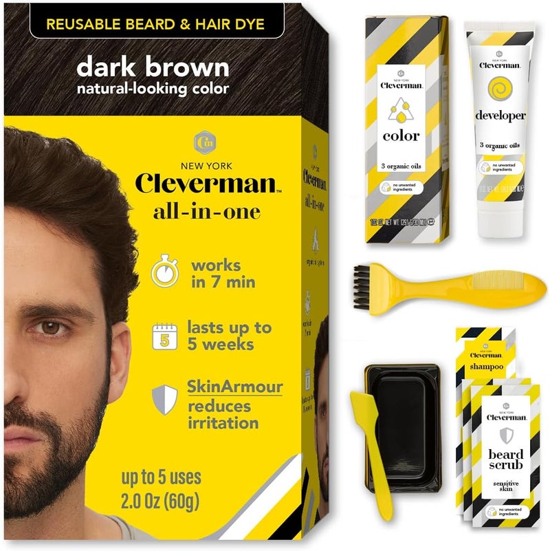 Cleverman Dark Brown Hair & Beard Dye for Men, All-in-One Reusable Kit - Mens Color For Natural-Looking Gray Coverage, Professional-Quality and Ammonia-Free for Hair, Beard & Gray Mustache - Image 1