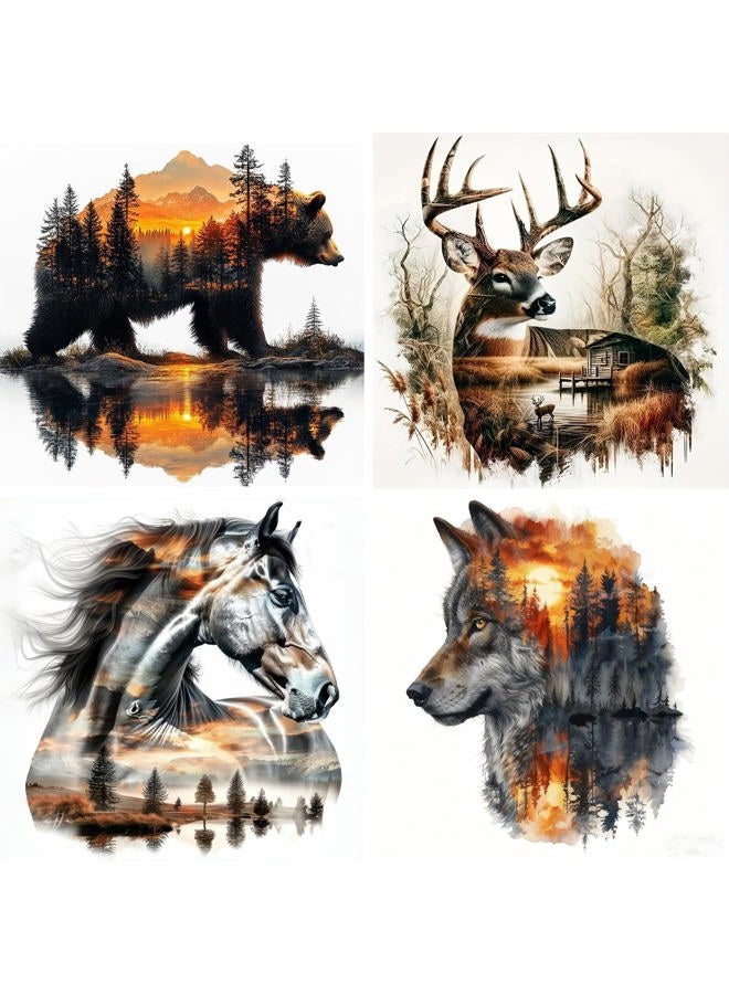 Paintcolor طقم 4 لوحات فنية من الماس للبالغين، 5D حيوانات الغابة كاملة مع رسم دب وحصان بالألماس للمبتدئين والأطفال، كرافتس فنية من الماس (11.8x11.8 بوصة) - Image 1