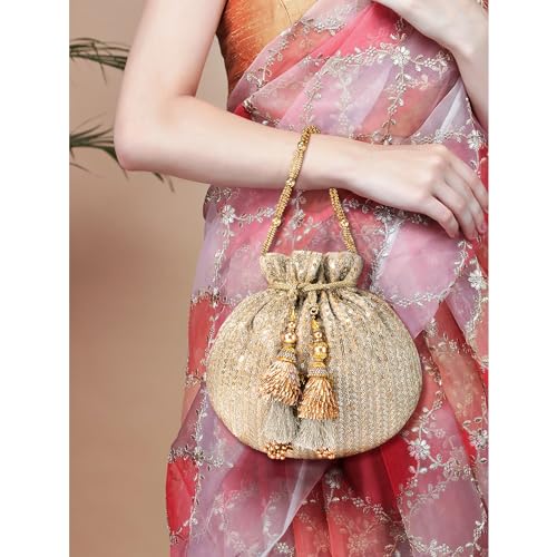 Peora Gold Potli Bags for Women Girls Evening Bag Clutch Ethnic Bride Purse with Drawstring (P07G) - Image 4