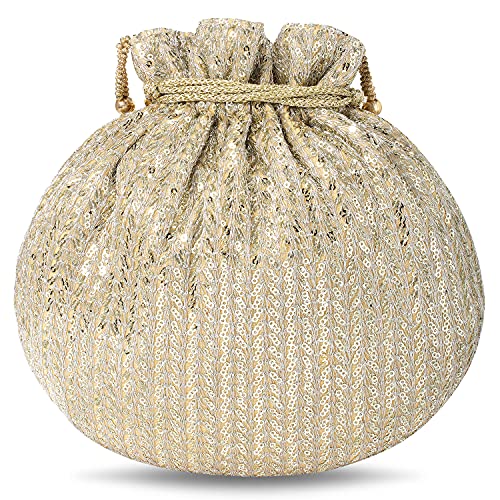 Peora Gold Potli Bags for Women Girls Evening Bag Clutch Ethnic Bride Purse with Drawstring (P07G) - Image 5