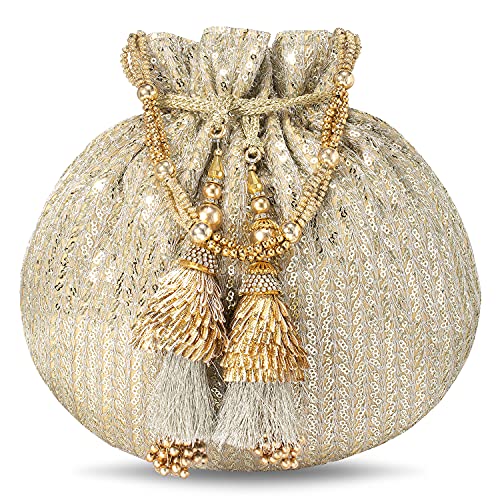 Peora Gold Potli Bags for Women Girls Evening Bag Clutch Ethnic Bride Purse with Drawstring (P07G) - Image 1