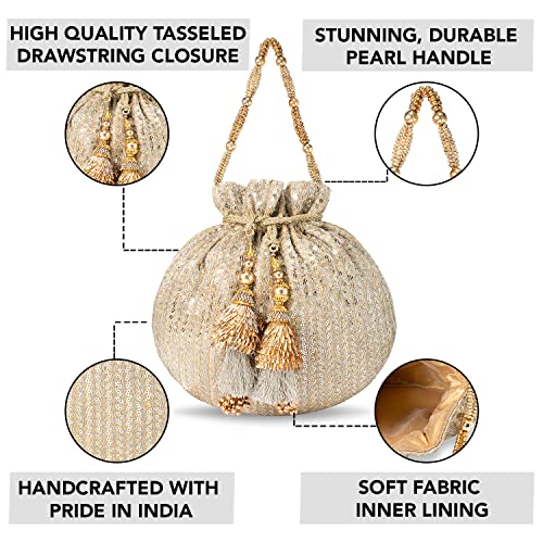 Peora Gold Potli Bags for Women Girls Evening Bag Clutch Ethnic Bride Purse with Drawstring (P07G) - Image 3