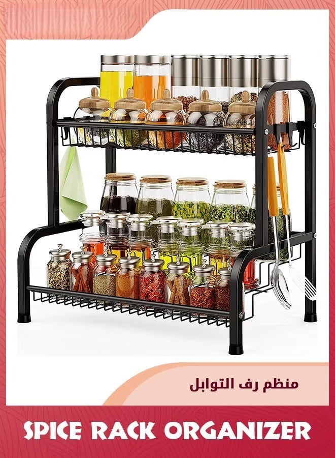 Spice Rack Organizer,2-Tier Large Foldable Metal Spice Storage Rack For Countertops With Shelf Liner,Seasoning Organizer Spice Shelf Kitchen Counter Storage For Kitchen Office,Black