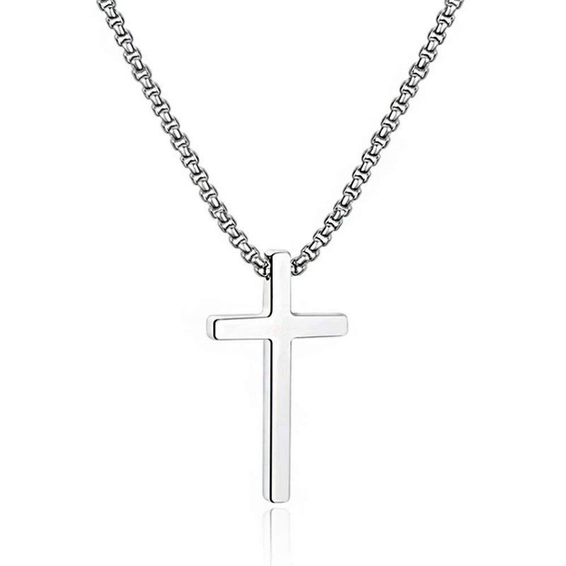 M MOOHAM Cross Necklace for Men - Silver Stainless Steel Mens Cross Chain Cross Pendant Cross Necklace 20 Inch, Christian Gifts for Men Catholic - Image 1