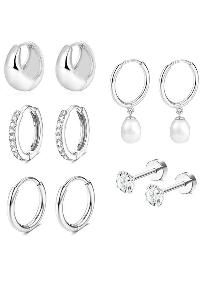 وهاواي 5 Pairs Small Hoop Earrings Set for Women Stainless Steel Huggie Hoops for Sensitive Ears Cartilage Flatback Stud Earrings for Multiple Piercing Silver - Image 1