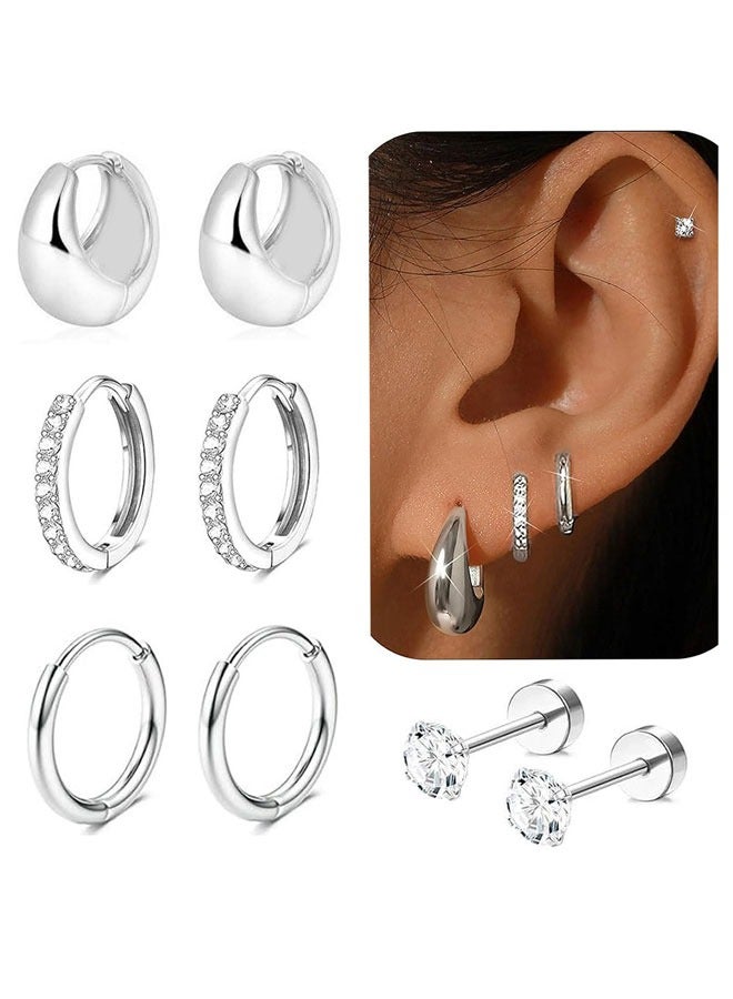 وهاواي 5 Pairs Small Hoop Earrings Set for Women Stainless Steel Huggie Hoops for Sensitive Ears Cartilage Flatback Stud Earrings for Multiple Piercing Silver - Image 3