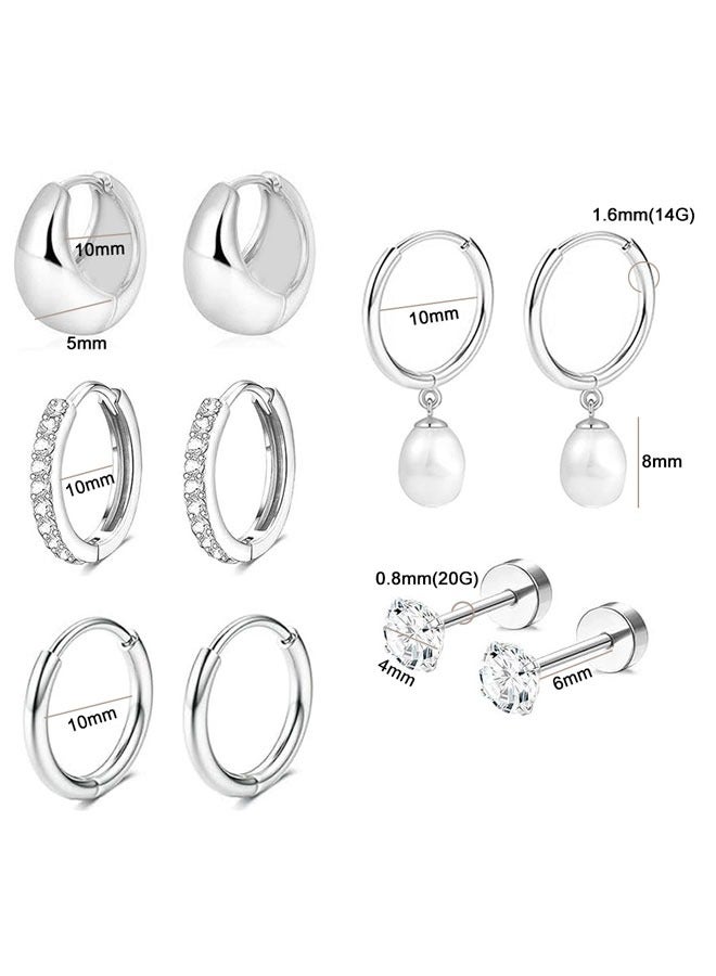 وهاواي 5 Pairs Small Hoop Earrings Set for Women Stainless Steel Huggie Hoops for Sensitive Ears Cartilage Flatback Stud Earrings for Multiple Piercing Silver - Image 2