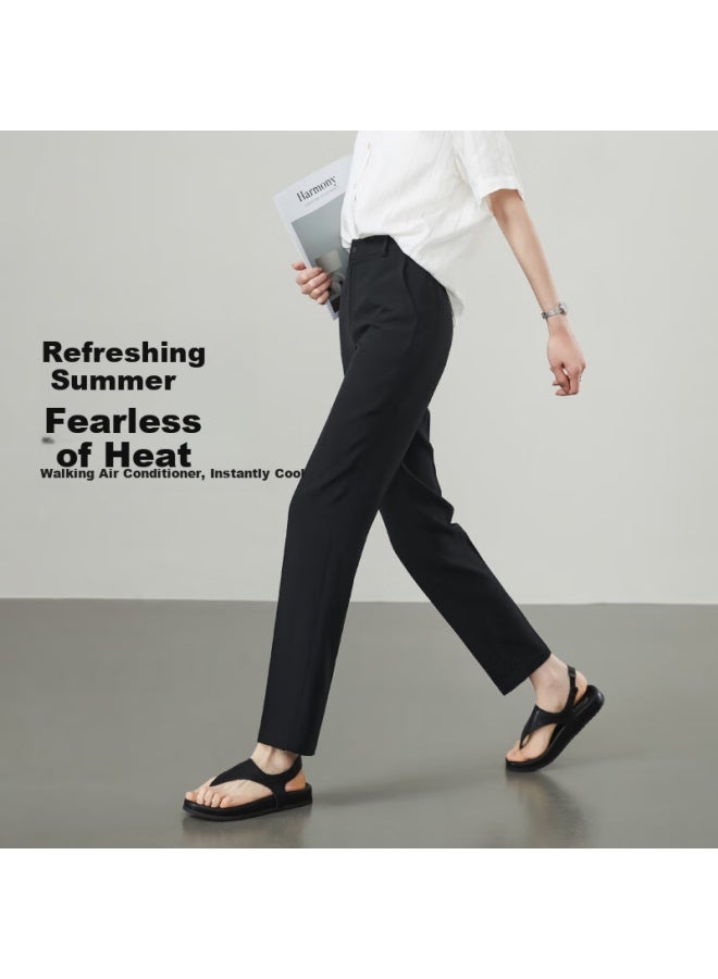 Ese-y Ice Silk Cool-feeling Straight-leg Pants For Women,  Summer New Style, Black Nine-tenths Slimming Dress Pants, Black, Size 26 - Image 3