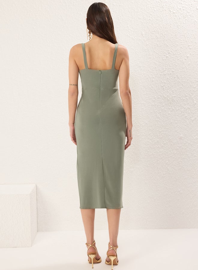 trendyol Khaki Plain Gather/Drape Woven Midi Unlined Evening Graduation Dress - Image 4