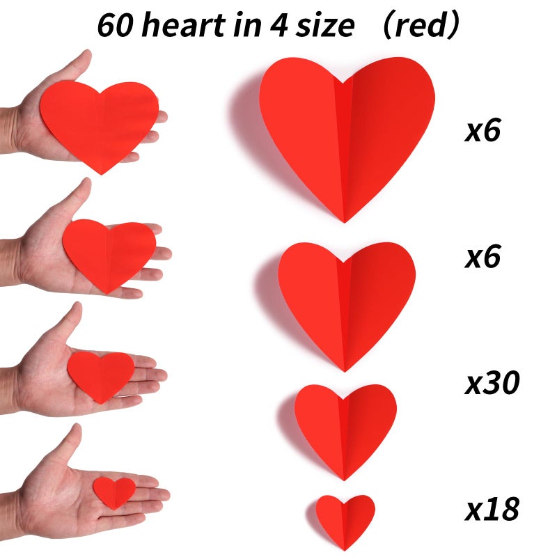 YOTNUS 60 Pcs Valentines-Day-Wall-Decorations  3D Heart Valentine Wall Stickers  Waterproof Wall Decals  for Wedding Anniversary Party Bedroom Home Office School Decor  4 Different Sizes Red - Image 2