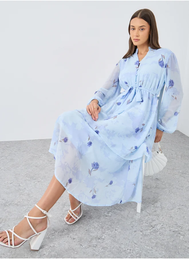 Styli Styli Light Blue Floral Layered Midi Dress
