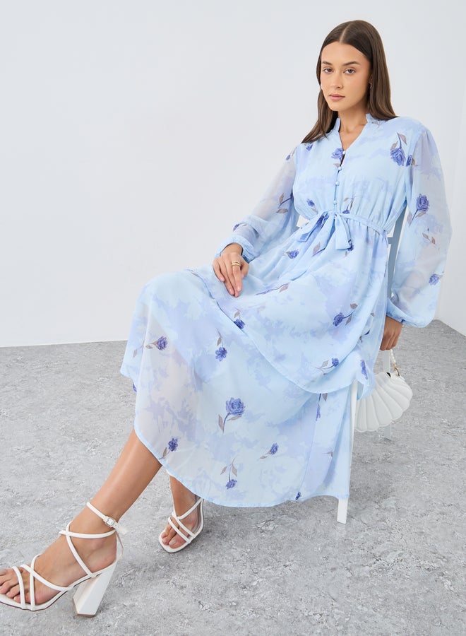 Styli Light Blue Floral Layered Midi Dress - Image 1