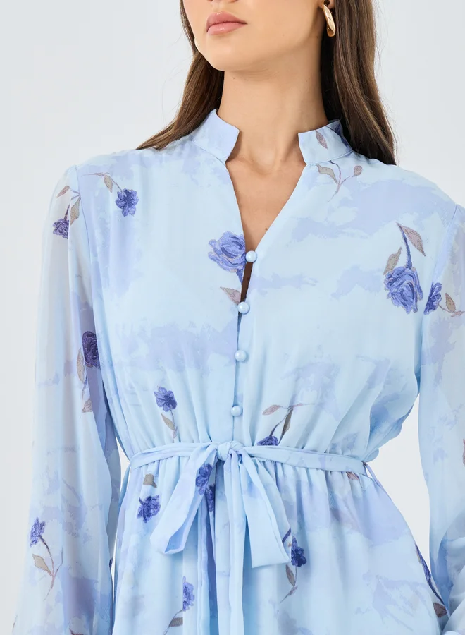 Styli Styli Light Blue Floral Layered Midi Dress