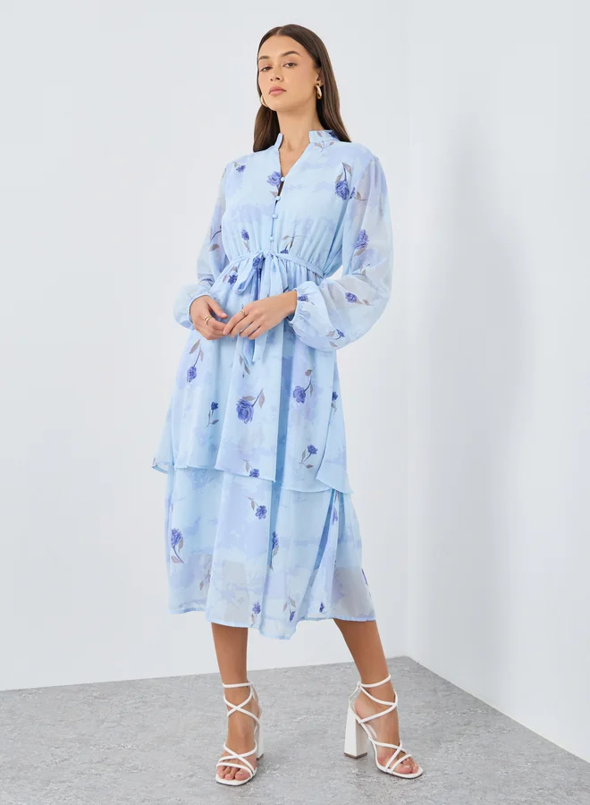 Styli Styli Light Blue Floral Layered Midi Dress
