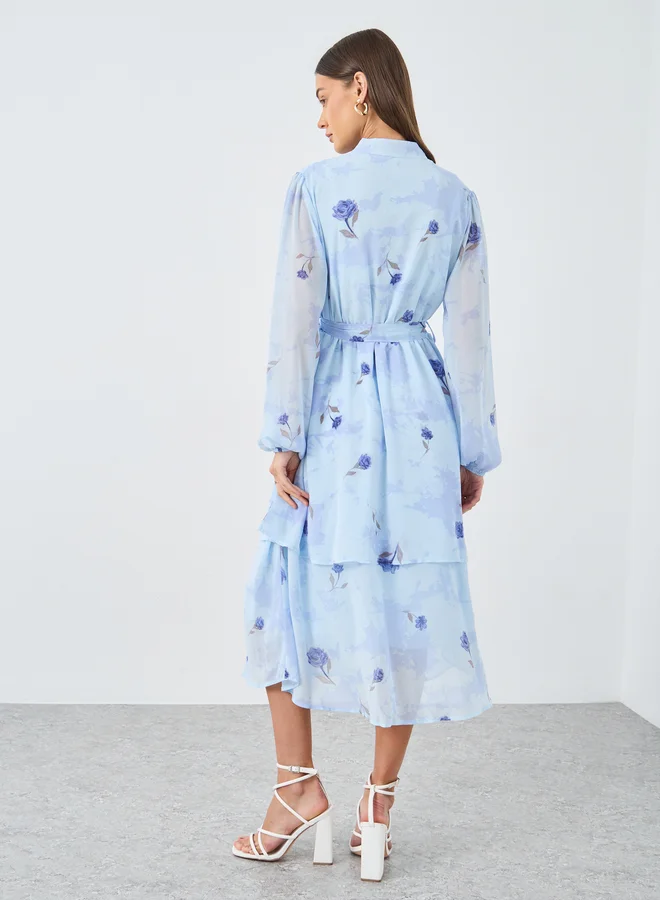 Styli Styli Light Blue Floral Layered Midi Dress