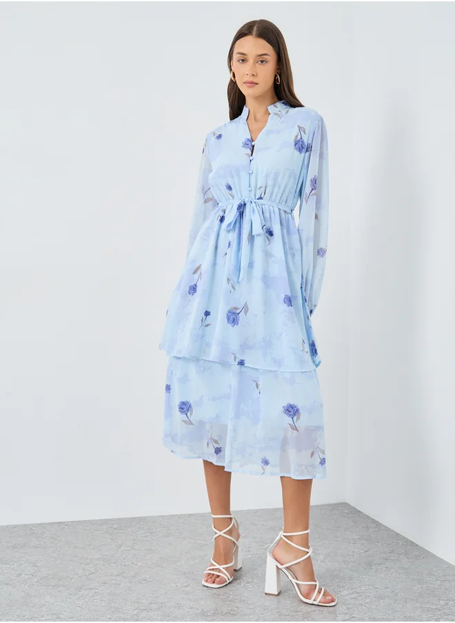 Styli Styli Light Blue Floral Layered Midi Dress