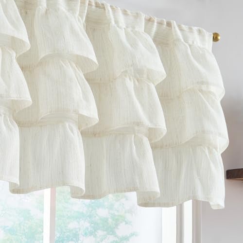 jinchan Ruffled Valance Curtain Slubbed Crossed Hatch Kitchen Valance Cottagecore for Living Room 18 Inch Farmhouse Voile Sheer Shabbychic Half Window Treatment Rod Pocket 1 Panel Off White - Image 1