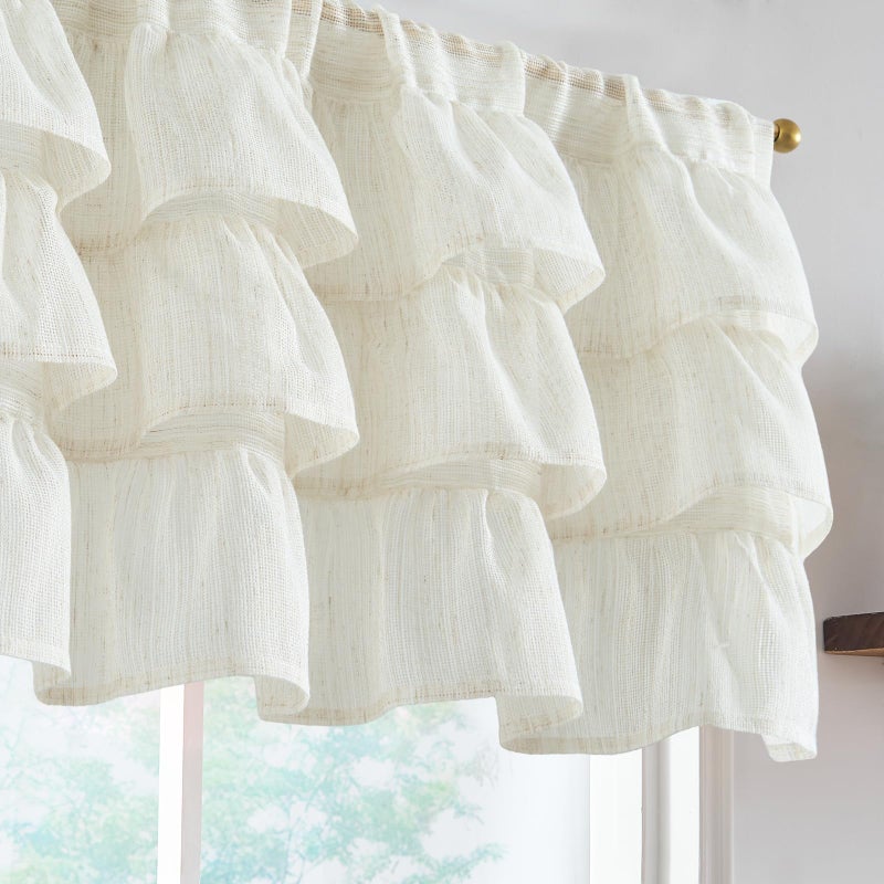 jinchan Ruffled Valance Curtain Slubbed Crossed Hatch Kitchen Valance Cottagecore for Living Room 18 Inch Farmhouse Voile Sheer Shabbychic Half Window Treatment Rod Pocket 1 Panel Off White - Image 2