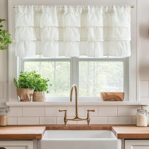 jinchan Ruffled Valance Curtain Slubbed Crossed Hatch Kitchen Valance Cottagecore for Living Room 18 Inch Farmhouse Voile Sheer Shabbychic Half Window Treatment Rod Pocket 1 Panel Off White - Image 3