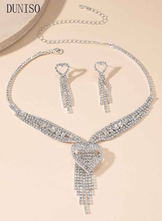 DUNISO 2pieces Jewelry Set With Necklace and Earring Crystal Bridal Wedding Jewelry Set Bridesmaid Party Choker Necklace Water Drop Pendant Earrings Sets for Women and Girls - Image 4