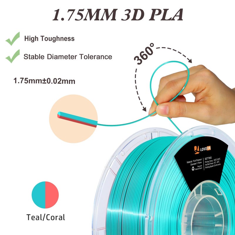 LOVOON 3D Printing Filament PLA, Silk Multicolor PLA Filament 1.75mm,DualColor Change by Angle Filament,Fit Most 3D Printer& 3D Pen,Silk Teal/Coral(Blue/Pink), 1KG(2.2lbs)/Spool - Image 4