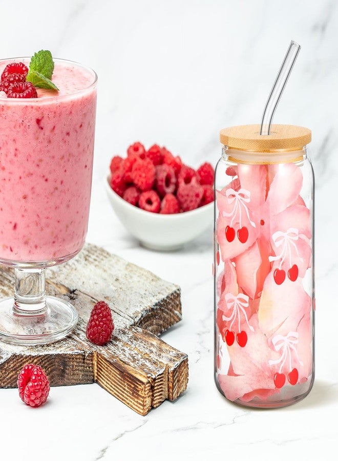 Skylety Set of 2 Coquette Bow Glass Cup 16oz Pink Bow Glass Cup with Lids and Straws Reusable Pink Bow Silicone Straw Toppers Lids Protectors 2 Brush for Drinking Coffee Tea Cocktail (Cherry Bow) - Image 4