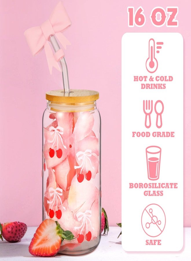 Skylety Set of 2 Coquette Bow Glass Cup 16oz Pink Bow Glass Cup with Lids and Straws Reusable Pink Bow Silicone Straw Toppers Lids Protectors 2 Brush for Drinking Coffee Tea Cocktail (Cherry Bow) - Image 3