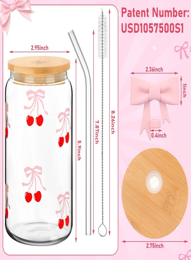 Skylety Set of 2 Coquette Bow Glass Cup 16oz Pink Bow Glass Cup with Lids and Straws Reusable Pink Bow Silicone Straw Toppers Lids Protectors 2 Brush for Drinking Coffee Tea Cocktail (Cherry Bow) - Image 2