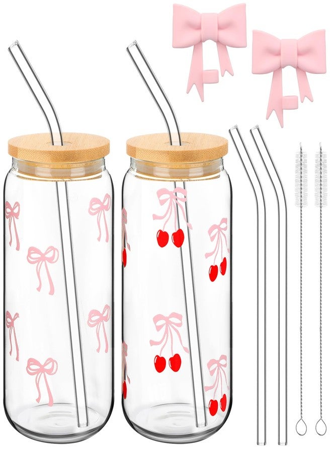 Skylety Set of 2 Coquette Bow Glass Cup 16oz Pink Bow Glass Cup with Lids and Straws Reusable Pink Bow Silicone Straw Toppers Lids Protectors 2 Brush for Drinking Coffee Tea Cocktail (Cherry Bow) - Image 1