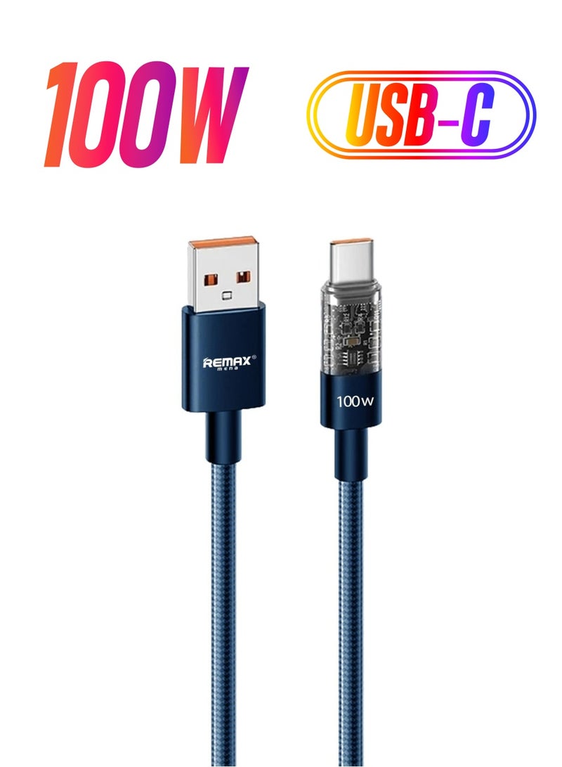 Remax Mena Data Cable 100W Fast Charging with Light USB A to Type C, Fast Charging, For Samsung, Mi, Realme & Type C Devices, Seamless Data Transmission, Series, 1.2M (Blue A-C) - Image 1