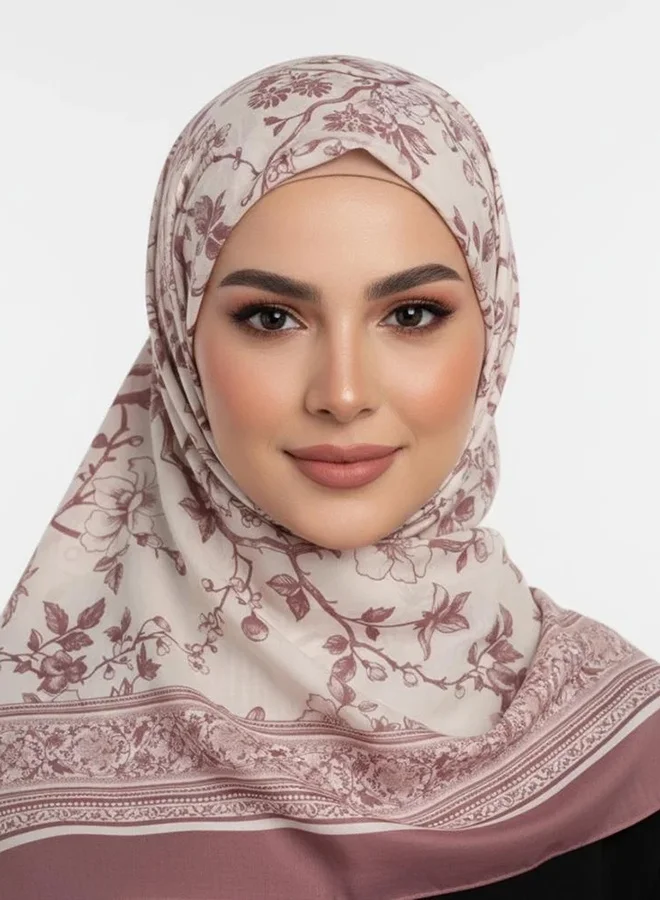 عبايات لمحة طرحة فلورال كلاسيك – شيفون بيج بنقشة وردية وإطار ناعم