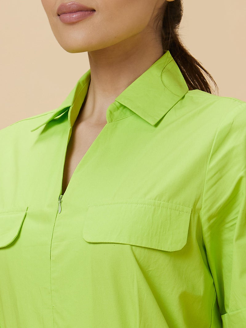 globus Globus Women Green Shirt Collar Pure Cotton Basic Jumpsuit - Image 5