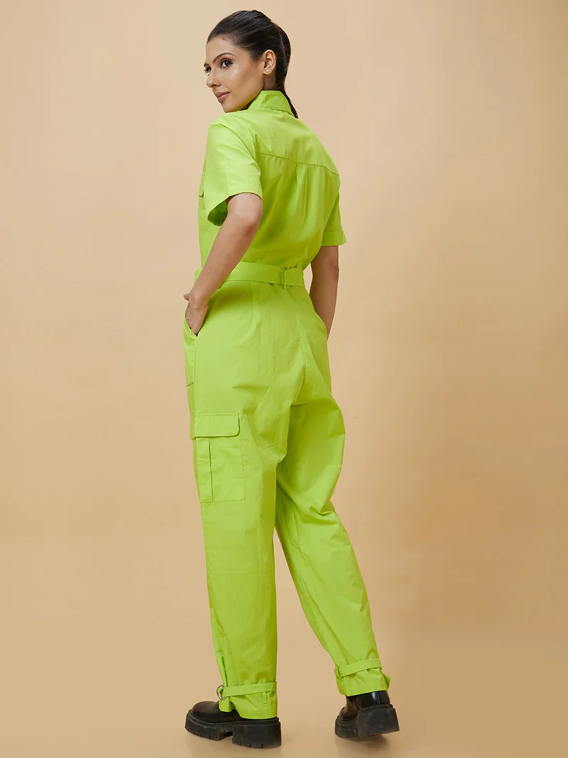 globus Women Green Shirt Collar Pure Cotton Basic Jumpsuit
