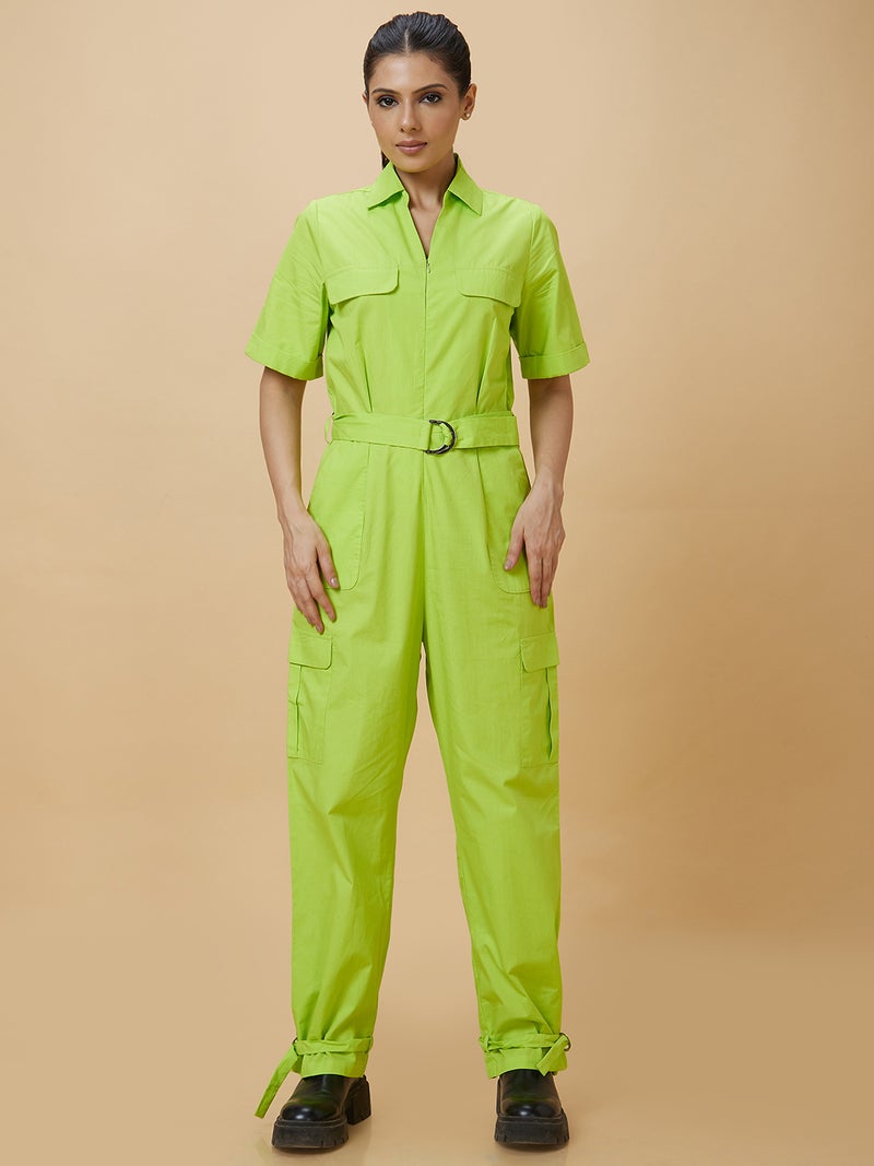 globus Globus Women Green Shirt Collar Pure Cotton Basic Jumpsuit - Image 2