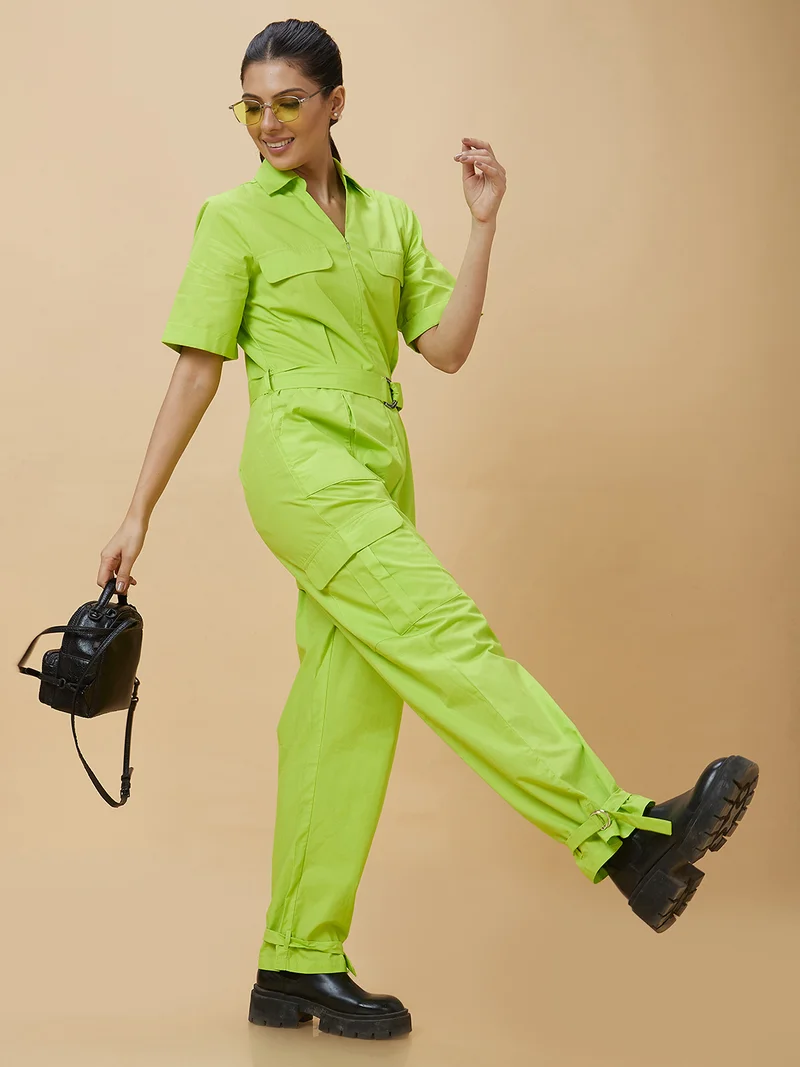 globus Women Green Shirt Collar Pure Cotton Basic Jumpsuit