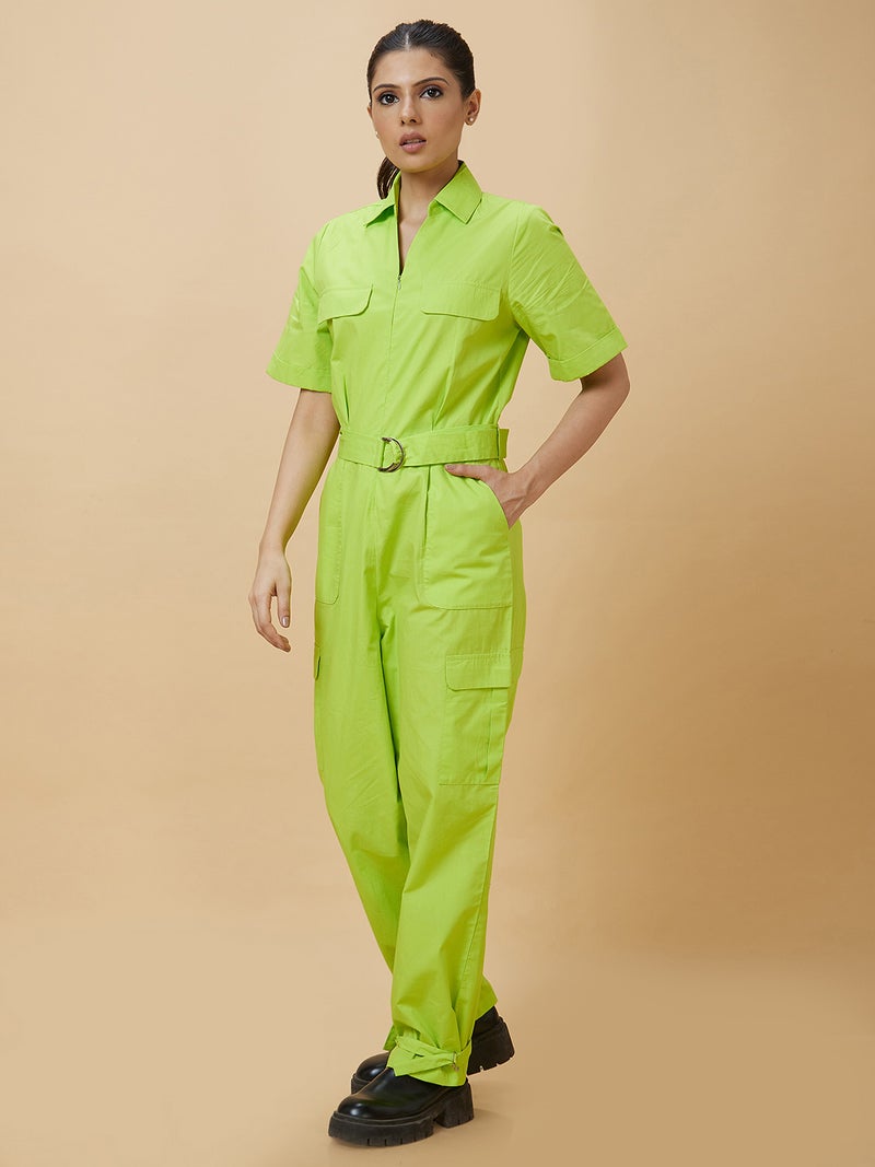 globus Globus Women Green Shirt Collar Pure Cotton Basic Jumpsuit - Image 3